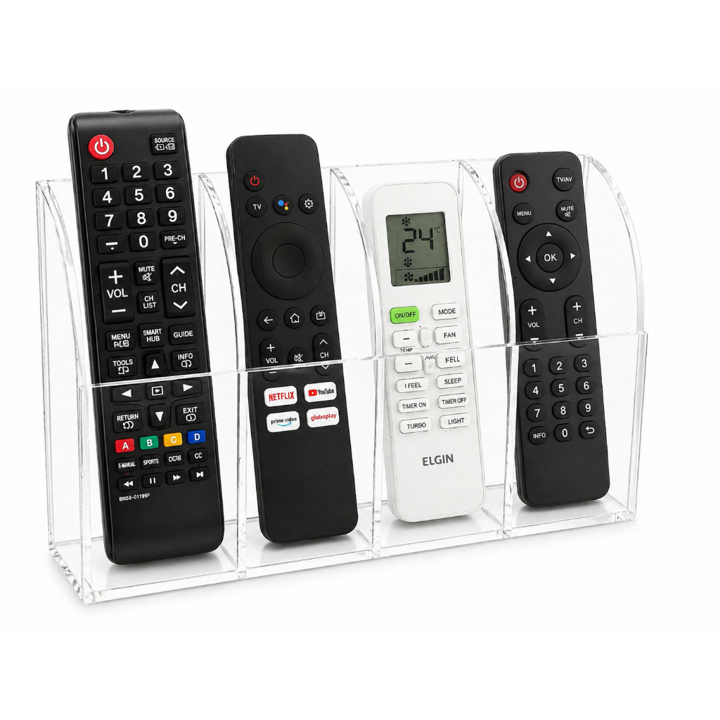 Porta Controle Remoto de Parede para 4 Controles de TV e Ar Condicionado, Suporte de Controle