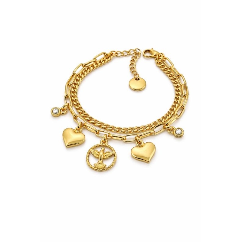 Pulseira Feminina Coração Espírito Santo Semijoia Folheado a Ouro 18k
