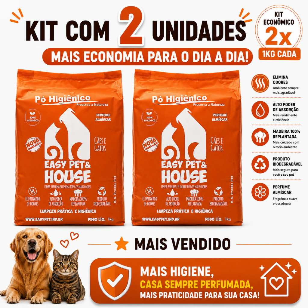 Pó Higiênico Pet 2 Unidades Almíscar  Cães e Gatos Seca Xixi Elimina Odores Easy Pet e House