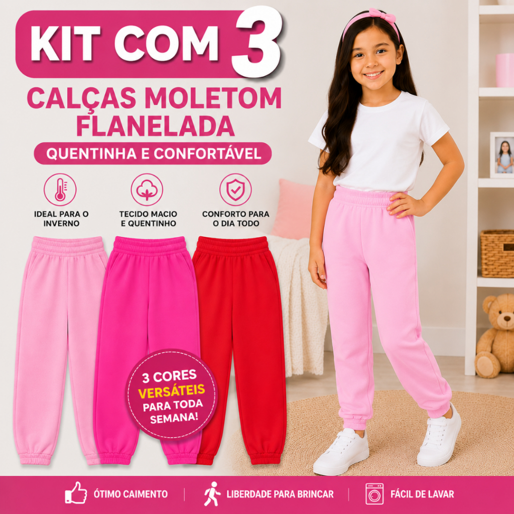 Kit 3 Calças Moletom Infantil Feminina Flanelada Quentinha Inverno 2 ao 16
