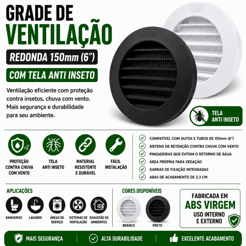 Grelha Grade para Exaustor Coifa Ventilação 150mm Branca ou Preta Tela Anti Inseto