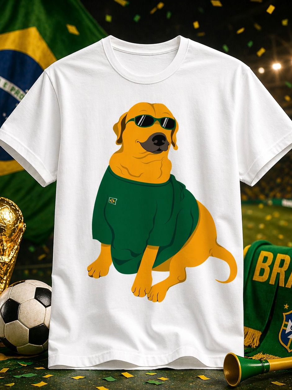 Camiseta Cachorro Brasil Copa 2026 Masculina Feminina Dog Engraçada Futebol Seleção Brasileira Verde Amarelo Algodão