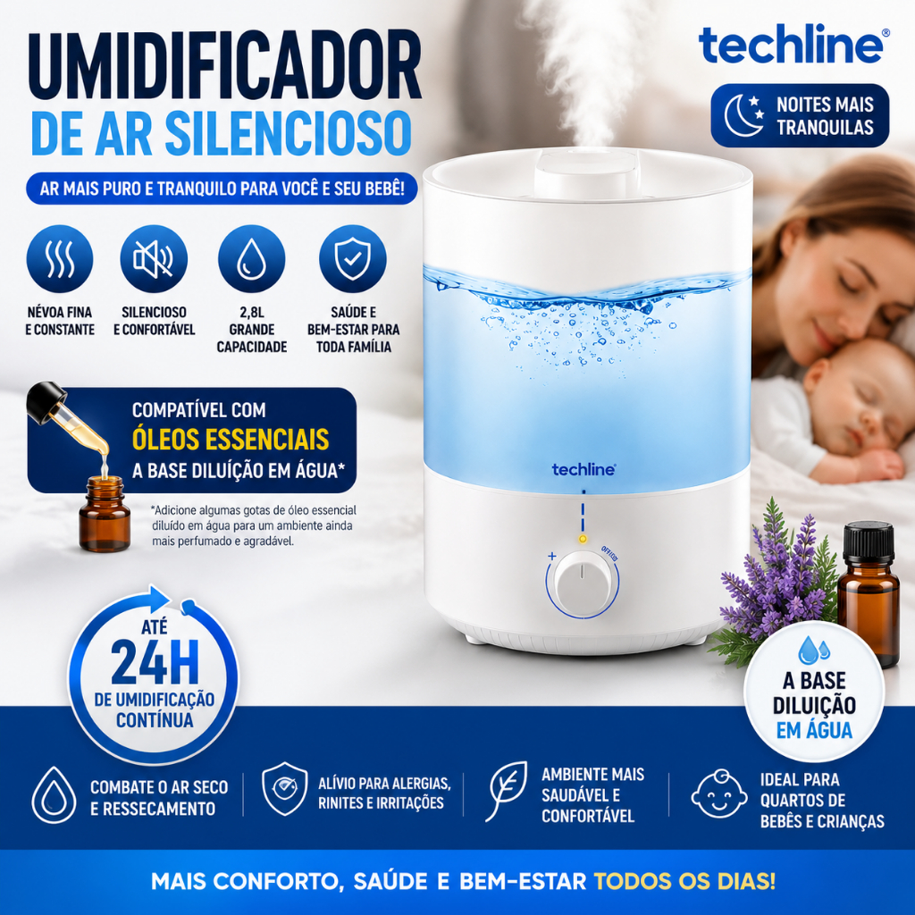 Umidificador De Ar Silencioso Quarto Bebê Escritório Sala Ar Seco Previne Rinite Asma👶✨🌙