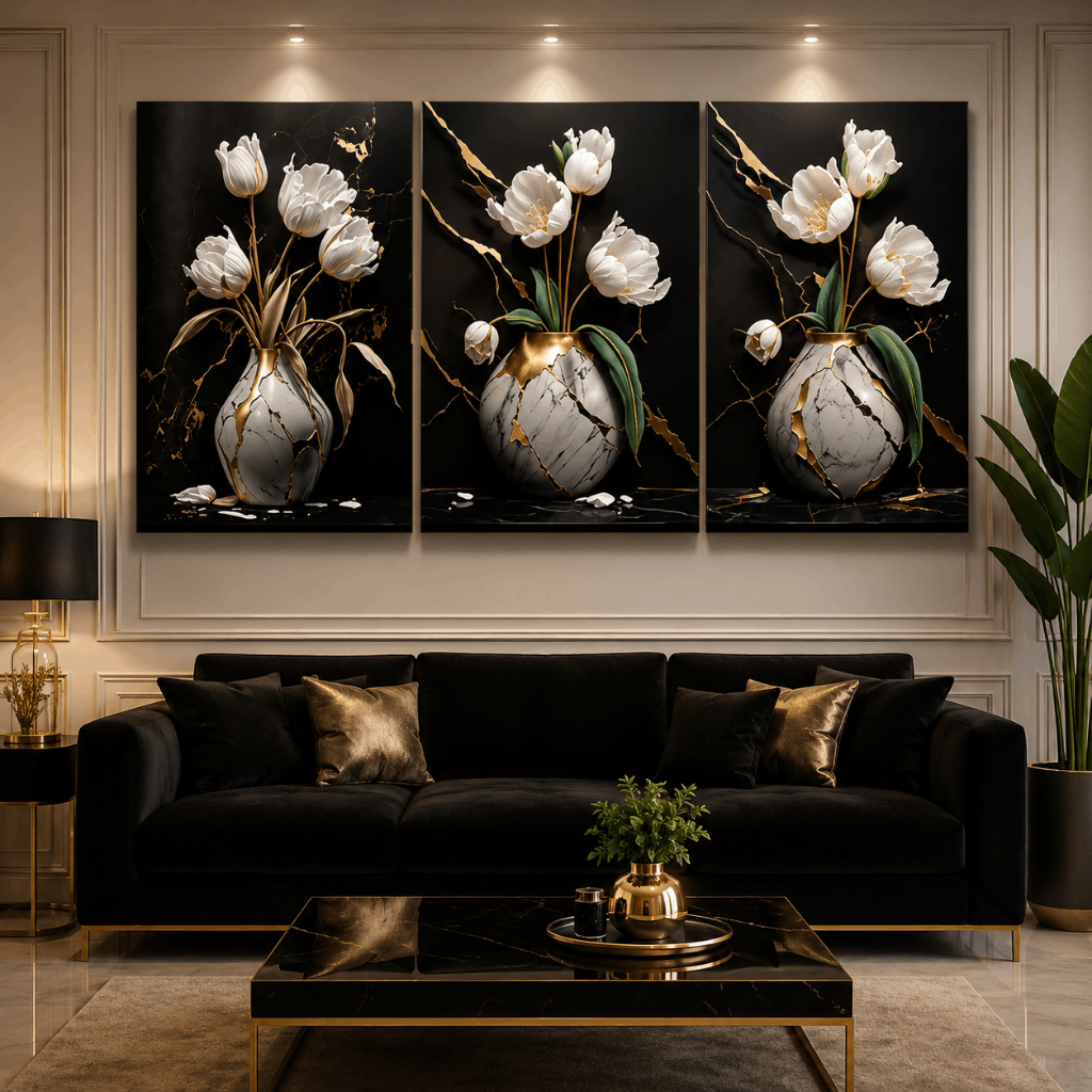 Quadro Decorativo Luxo 3 Peças Sala Quarto Arte Flora Branca No Jarro Vintage