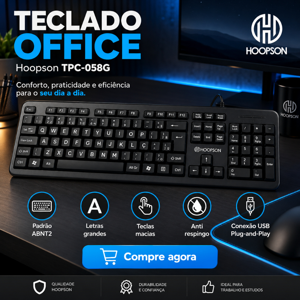 Teclado Office Hoopson Profissional com Letras Grandes – Ideal p/ Escritório e Leitura Fácil