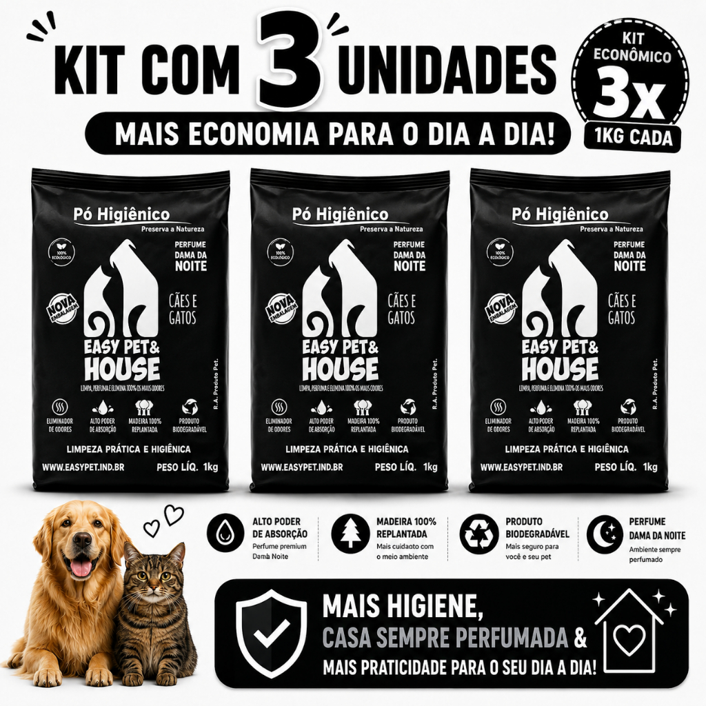 Pó Higiênico Pet 3 Unidades Dama Da Noite Cães e Gatos Seca Xixi Elimina Odores Easy Pet e House