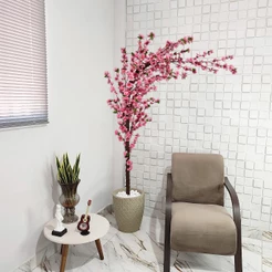 Planta Artificial Cerejeira Curva Rosa 180cm Galho Curvado Vaso Pedra
