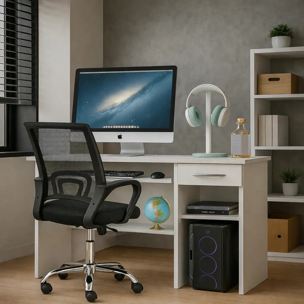 Kit Mesa Para PC Com Gaveta + Cadeira Detroit Secretária Escritório Preta