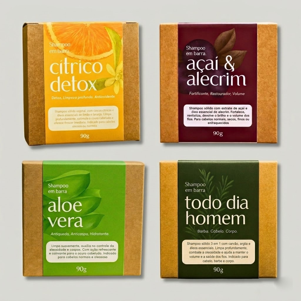 Shampoo Sólido em Barra Natural Aloe Vera Cítrico Detox Açaí Alecrim Anticaspa Vegano