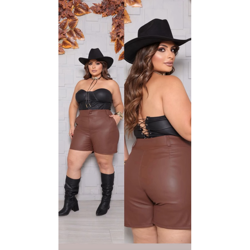 Shorts Courino Plus Size 46  a 48 Moda Country Moda Blogueira Moda Outono Inverno Moda Feminina Elegante