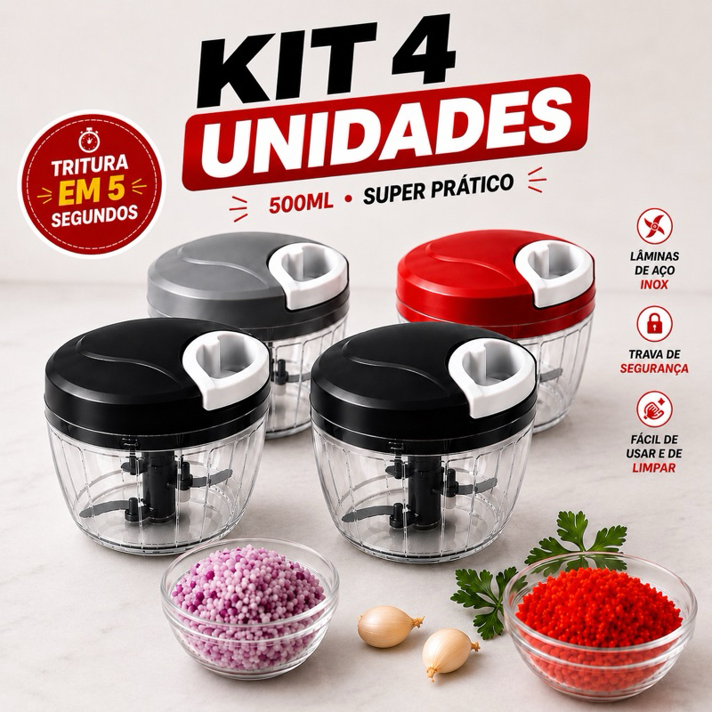 Mini Processador Manual 500ml | Kit com 3 e 4 Unidades | Triturador de Alho, Cebola e Temperos