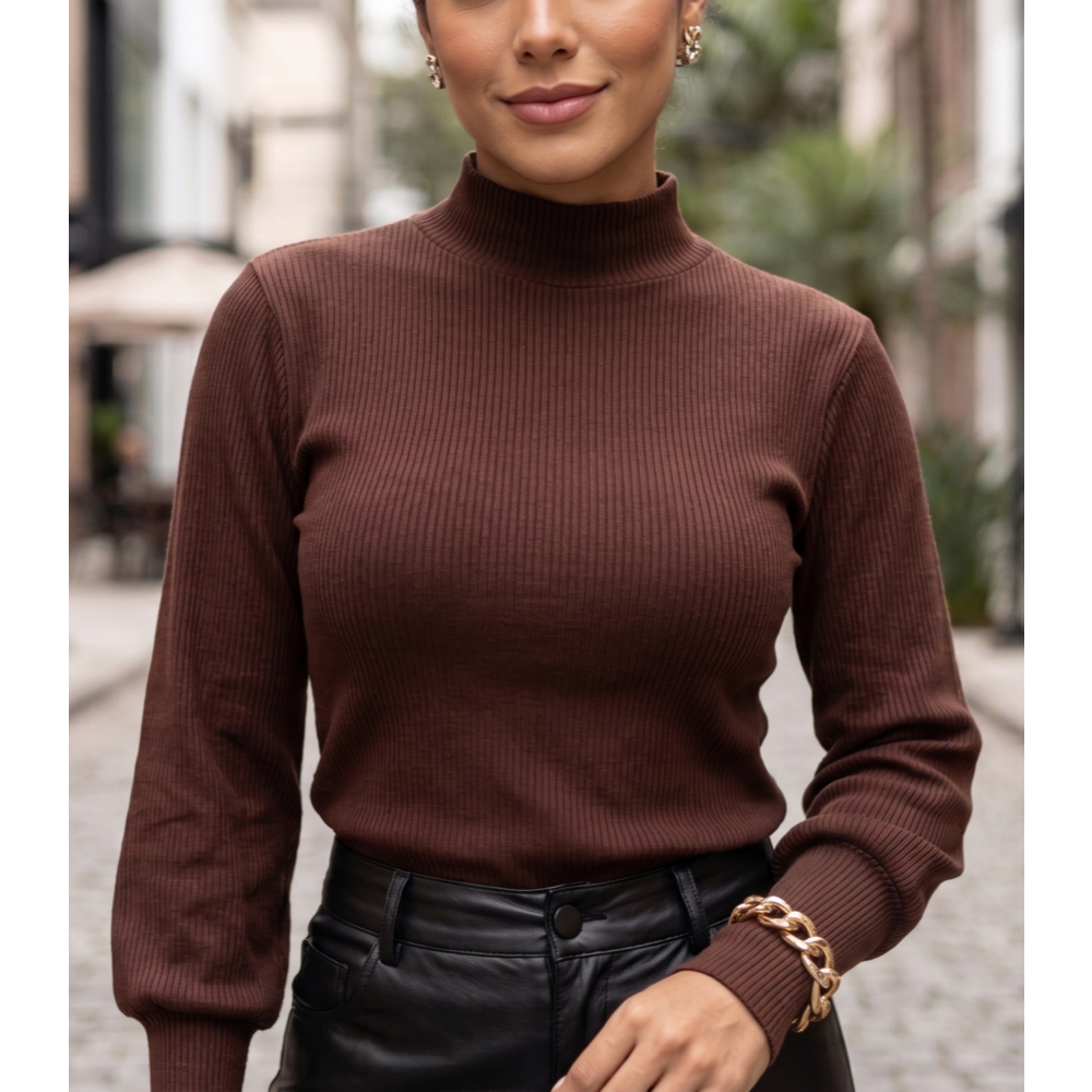 Blusa de Frio Gola Alta Feminina Manga Longa Canelada Premium