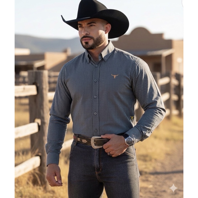 Camisa Slim Fit Manga Longa Country Bordada Micro Xadrez Lisa Envio Imediato