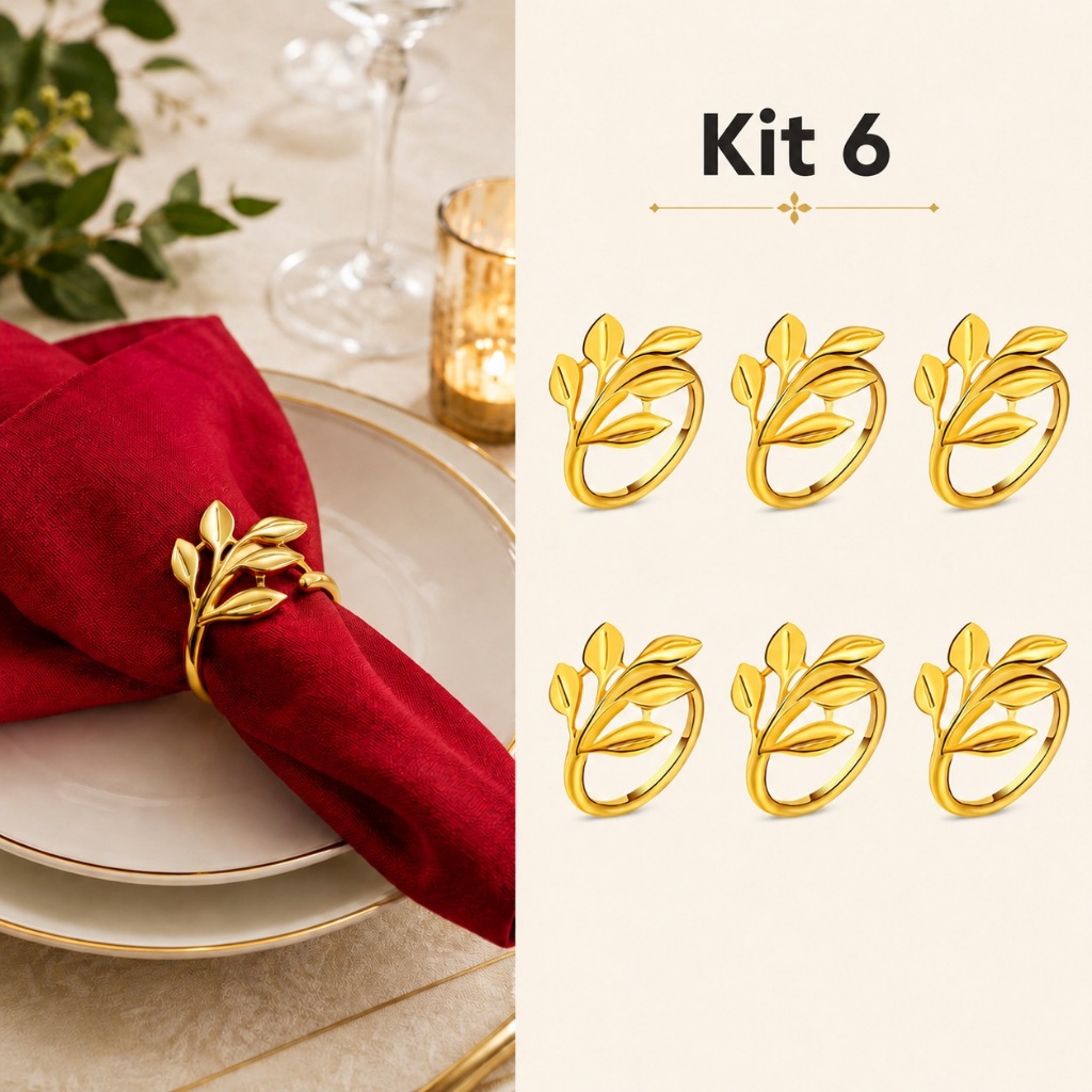 Kit 6 porta guardanapos - anéis de guardanapos de metal Folhas / ramos dourado