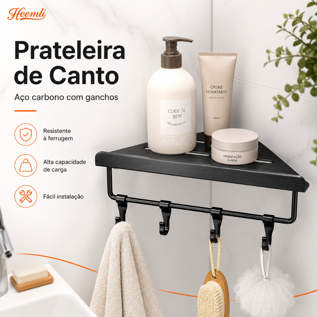 Prateleira Triangular para Banheiro sem Furo com Ganchos e Drenagem Organizador de Canto Heemli