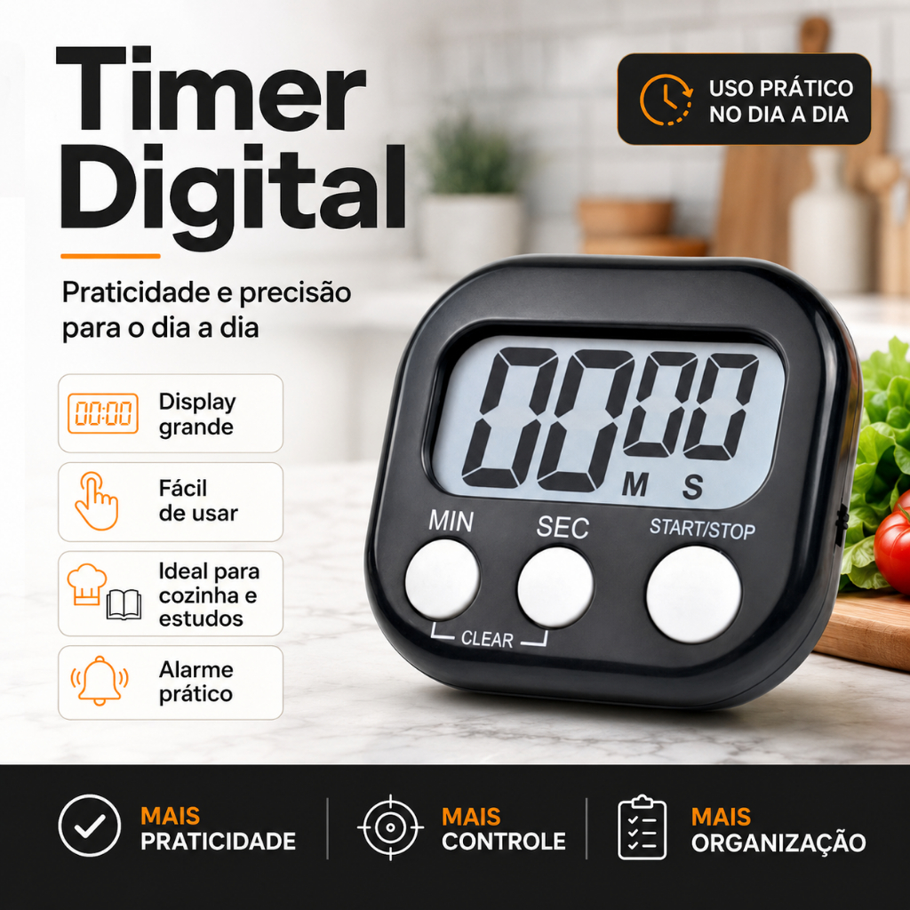 Mini Relógio Digital Para Cozinha Timer Alarme Cronômetro Display Grande Fácil Uso Casa Estudo Prova