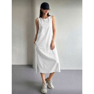 4140--Vestido feminino, vestido midi com fenda, sem mangas, de cor sólida, com bolsos, saia evasê