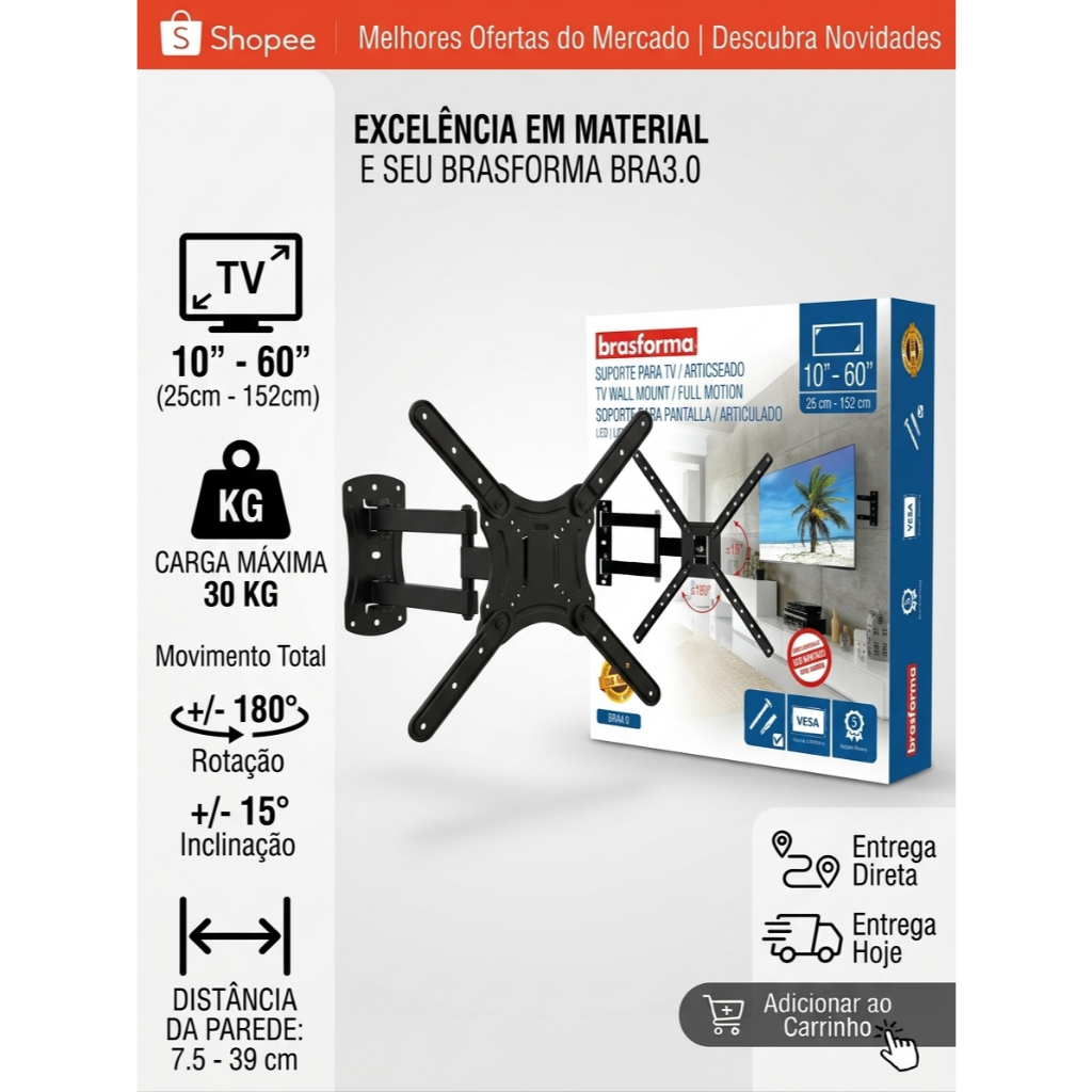 Suporte ARTICULADO para TV LED, LCD, Plasma, 3D e Smart TV de 10” a 60” – Brasforma BRA3.0