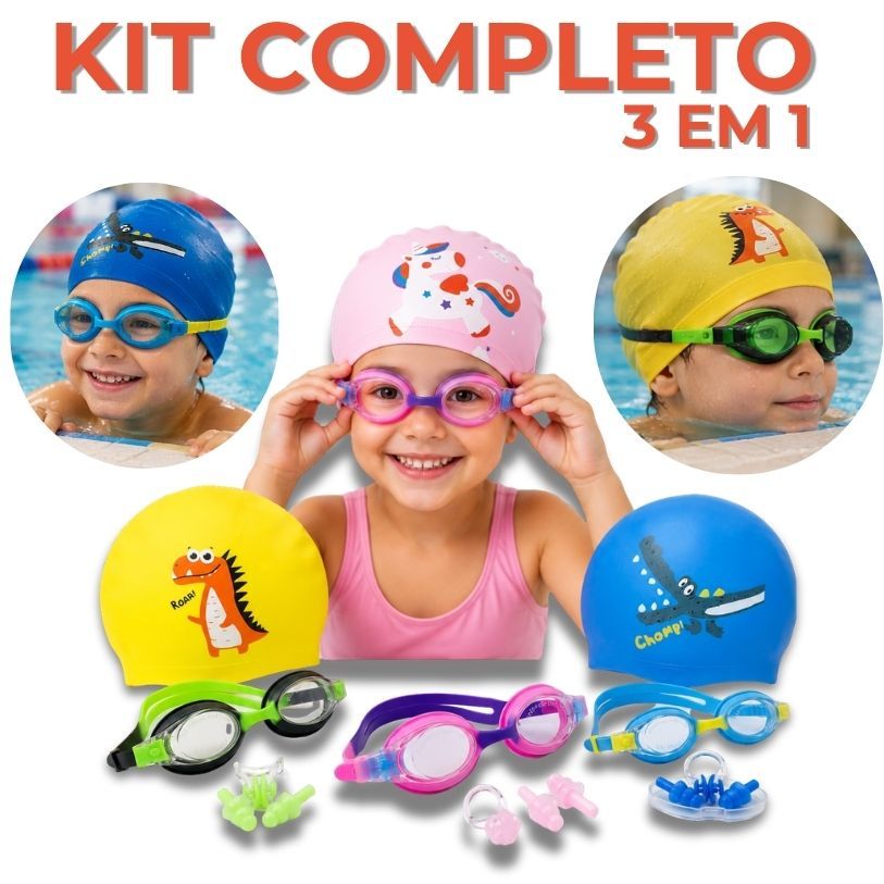 KIT NATAÇÃO INFANTIL: OCULOS + TOUCA + CLIP NARIZ OUVIDO TRAJE COMPLETO COMBO