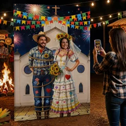 Painel Retangular Lateral Decoração Festa Junina Interativo Vazado Casamento Caipira Sublimado Tecido 1,50x2,20m -INT-31