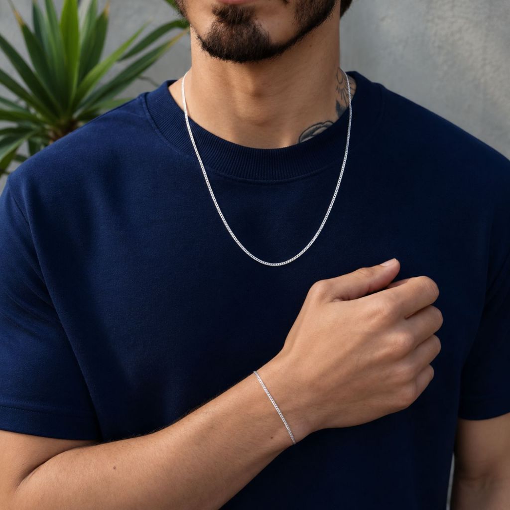 Kit Corrente + Pulseira Masculina Aço Inox Prata Premium Não Escurece