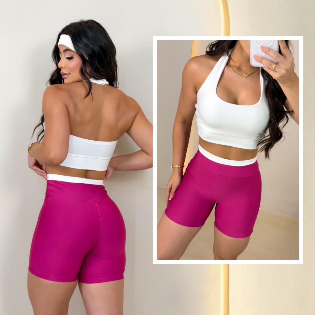 Conjunto Academia Top Cropped Costa Aberta + Short Colado Roupa de Academia Mini Short Verão blogueira
