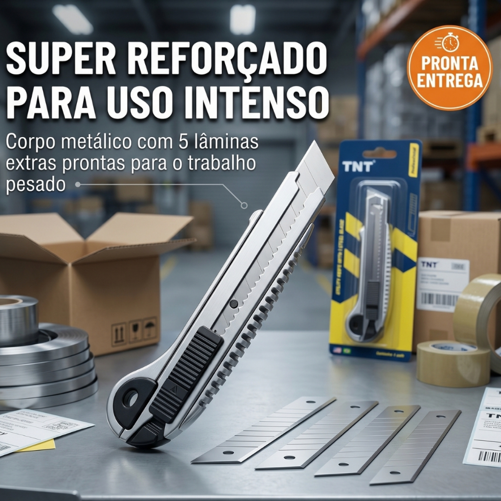 Estilete com Trilho de Metal Profissional TNT 18mm + 5 Lâminas Extras com Compartimento Interno