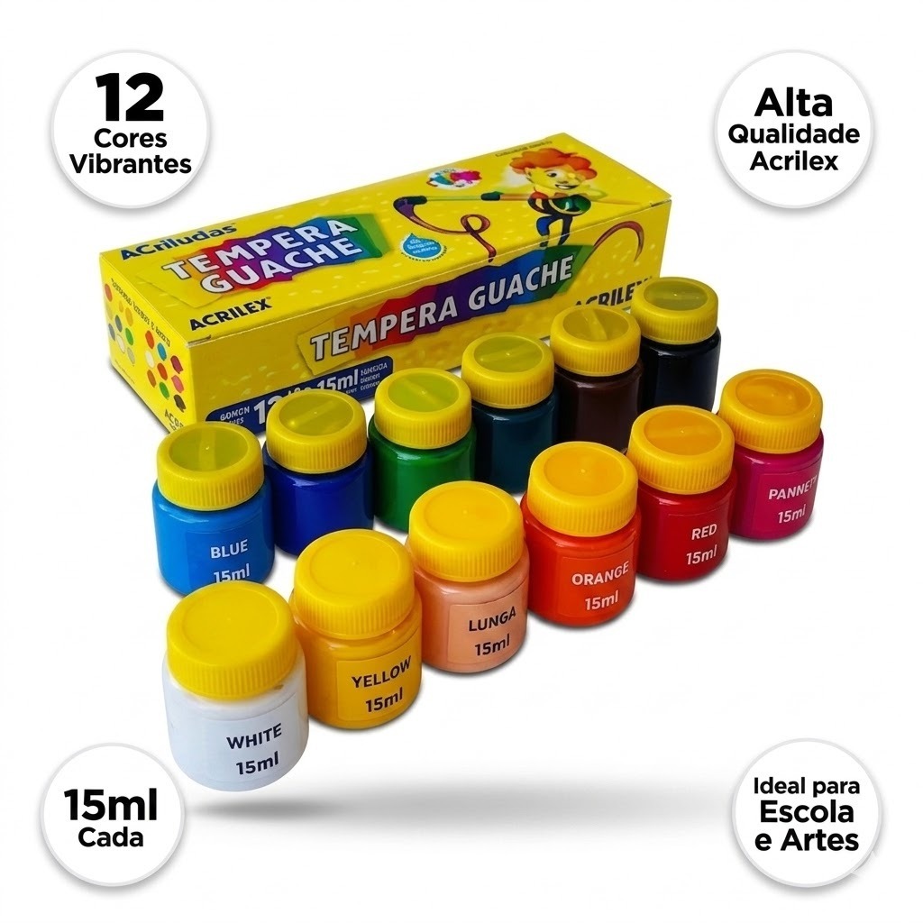 Tinta Guache Acrilex 12 Cores 15ml Tempera Infantil Escolar Não Tóxica Original Material Escolar