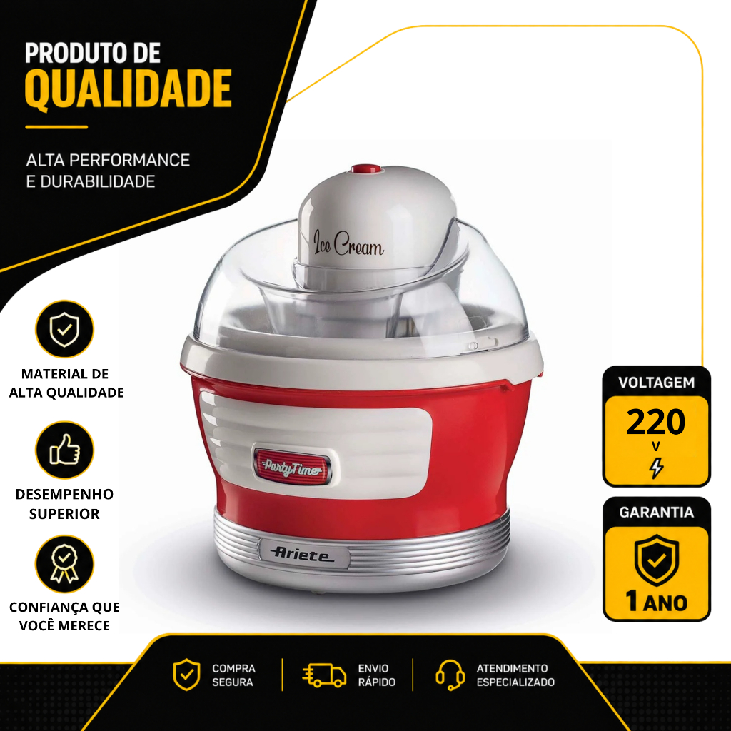 SORVETEIRA ARIETE PARTY TIME RETRÔ 1,5L COM TIGELA REMOVIVEL 12W VERMELHO 220V 00C064300ARBR