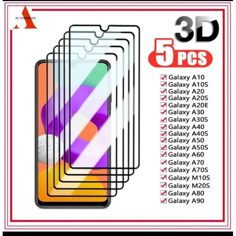 Kit 5 Película 3D Vidro Temperado Samsung a05/a06/a07/A10 A20 A30 A03 Redmi 13c/ 15c Moto G/Xiaomi