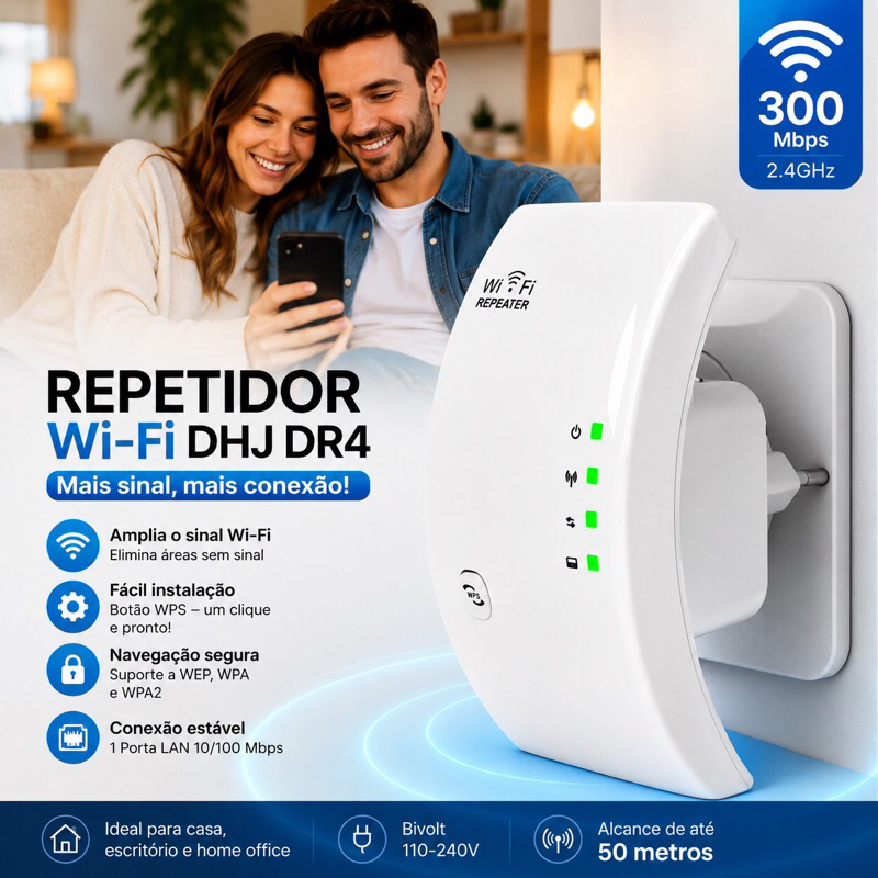 Repetidor WiFi 300Mbps Amplificador Sinal Internet 2.4GHz WPS Extensor Wireless Bivolt Branco