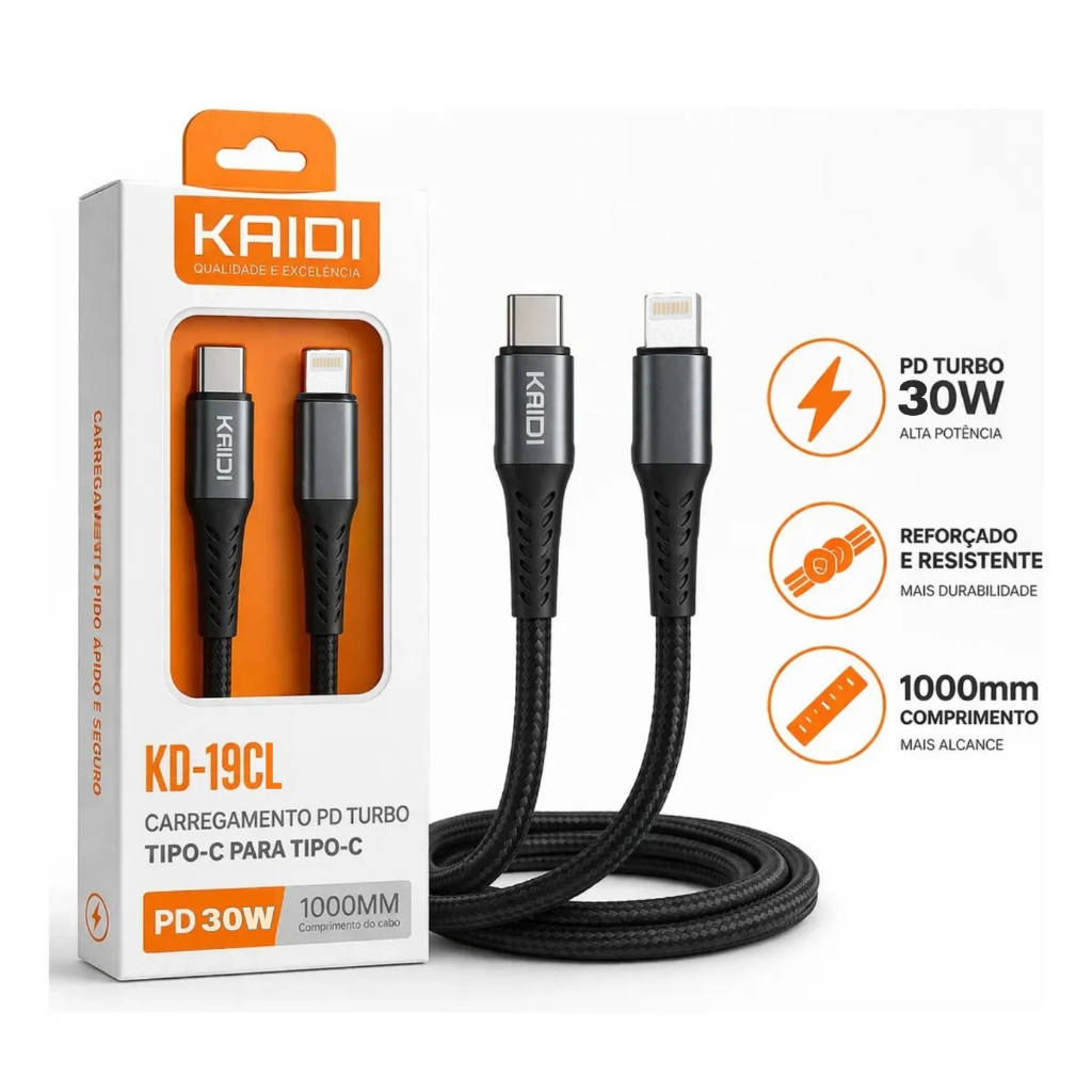 Cabo Para iPhone Reforçado Carregador Turbo Pd Tipo C Lightning 30w Kaidi IOS Apple Cor Preto