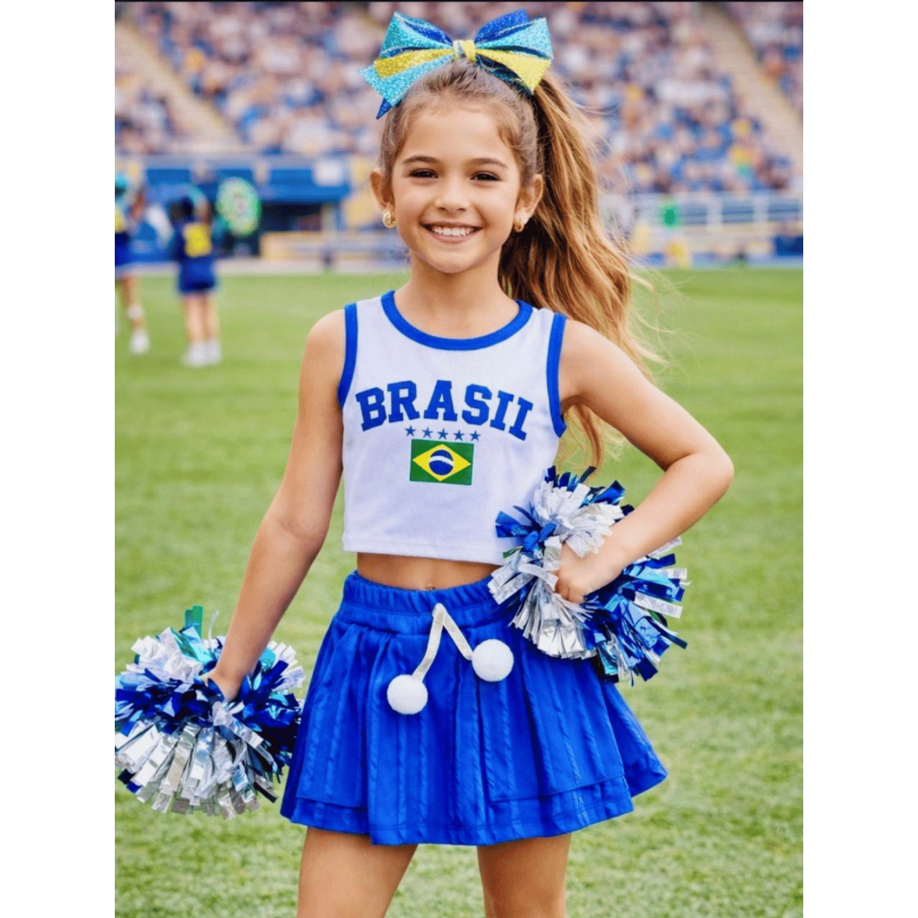 Conjunto Infantil Torcedora Brasil Menina Regata Cropped e Short Saia Estilo Torcedora Copa