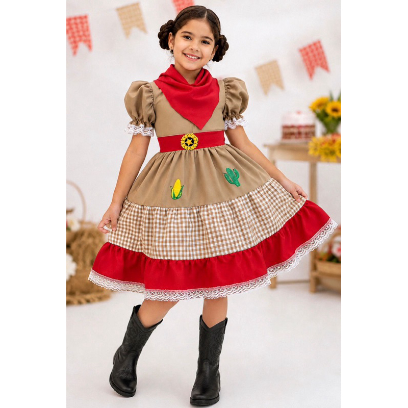 Vestido Infantil Junino Luxo Arraiá Maria Bonita Cangaceira c/ Lenço Festa Junina