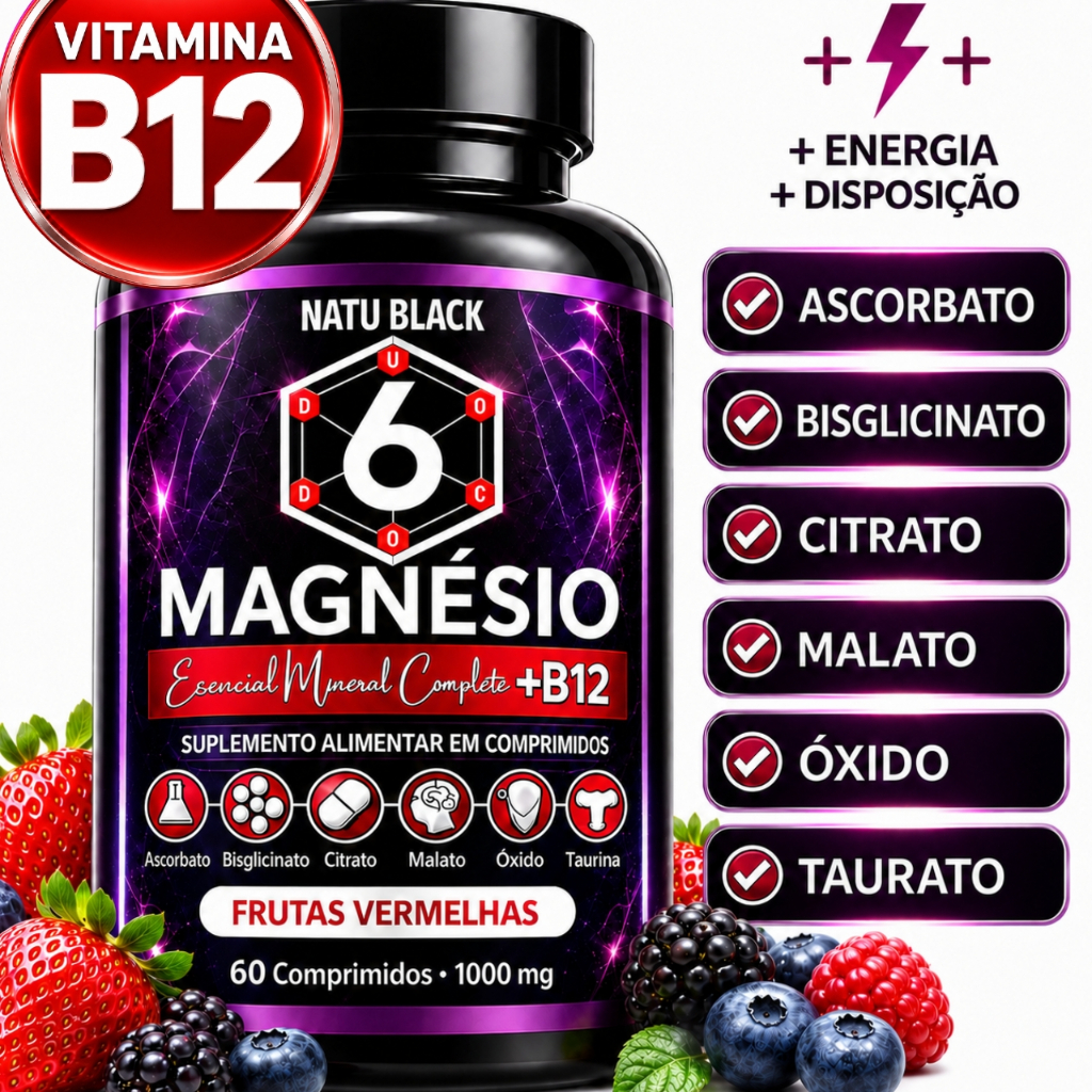 Magnésio 6 em 1 + Vitamina B12 Metilcobalamina 1000 mg Sabor Frutas Vermelhas - ENVIO RÁPIDO