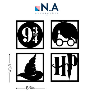 Kit 4 Quadros Harry Potter MDF 15x15cm Decoração Parede Com Fita Dupla Face TROCOLETO