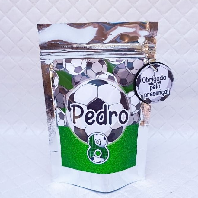 Saquinho Metalizado Zip Lock 10x15 ou 12x19 cm personalizado para lembrancinha aniversário Futebol