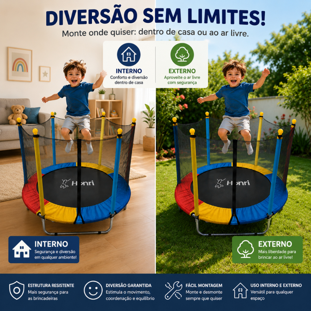 Cama Elástica Pula Pula My First 140cm Infantil Completa Rede Proteção Reforçada Henri Trampolim