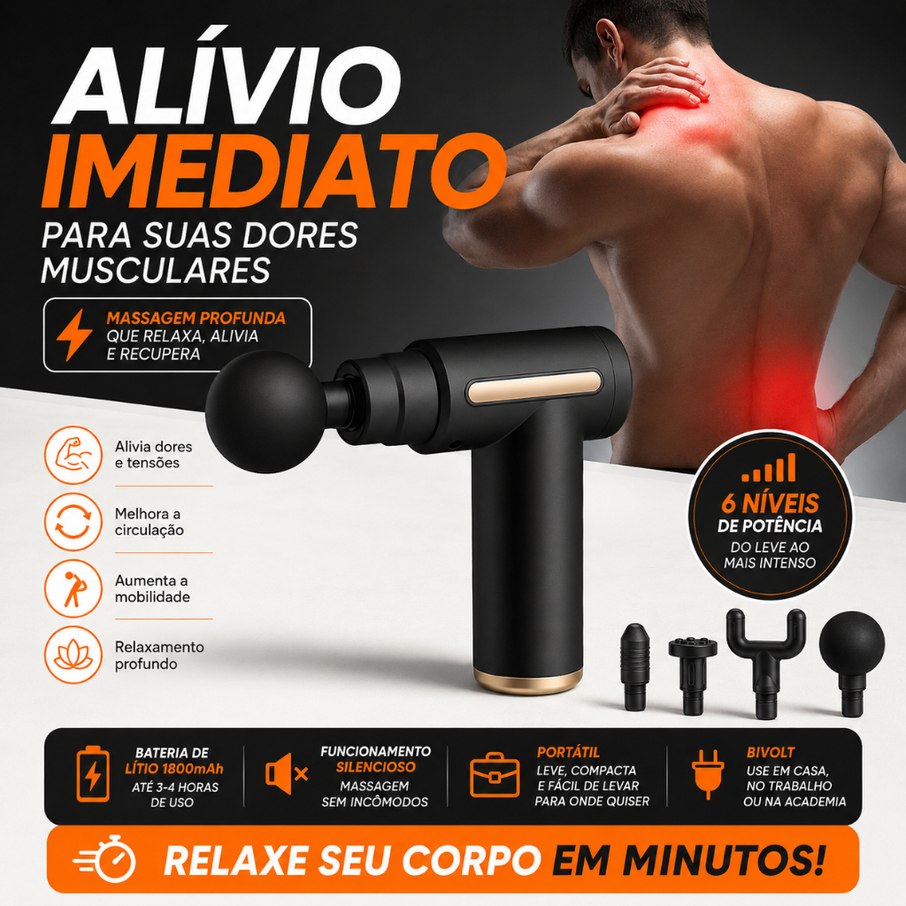 Pistola de Massagem Muscular Elétrica 6 Velocidades Portátil Recarregável com Acessórios