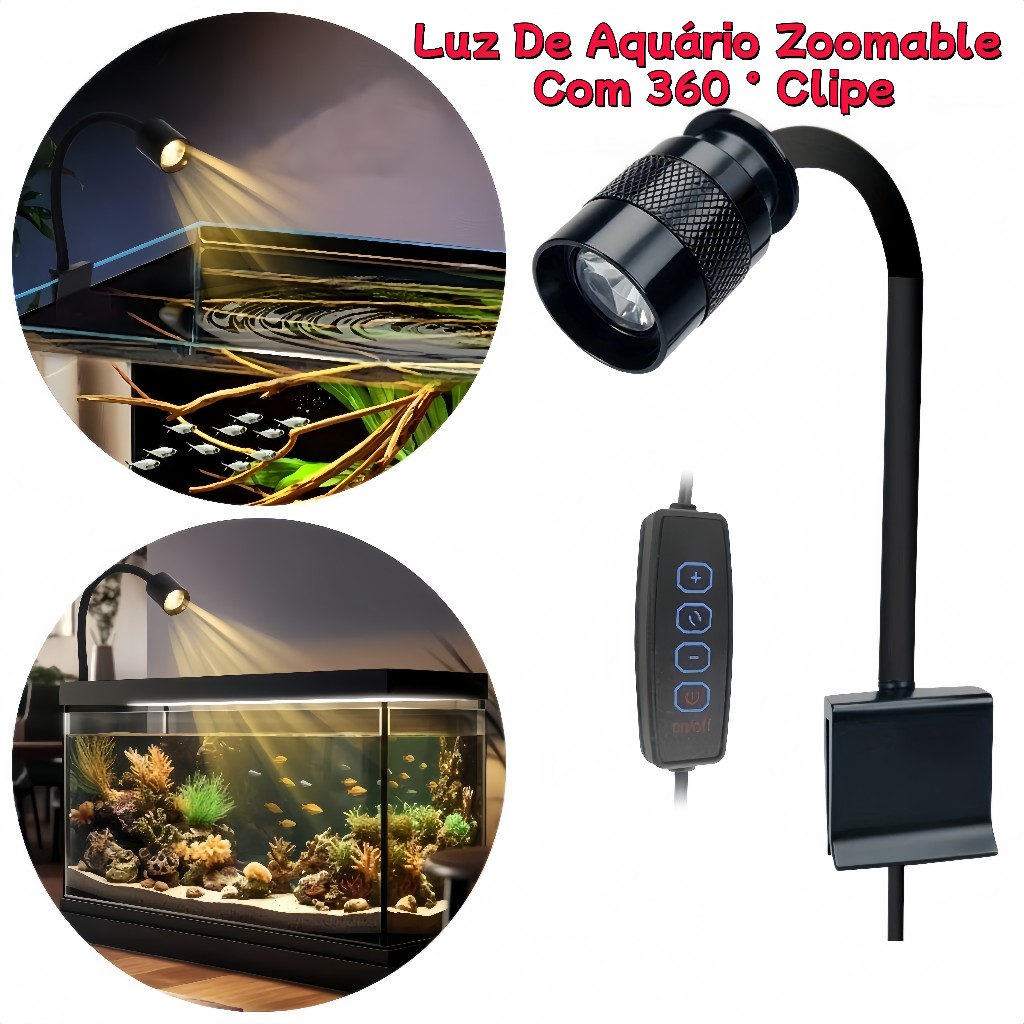 Mini Lâmpada de Aquário com Clipe 3W Ajustável Zoom à Prova D'água para Tanque de Peixes