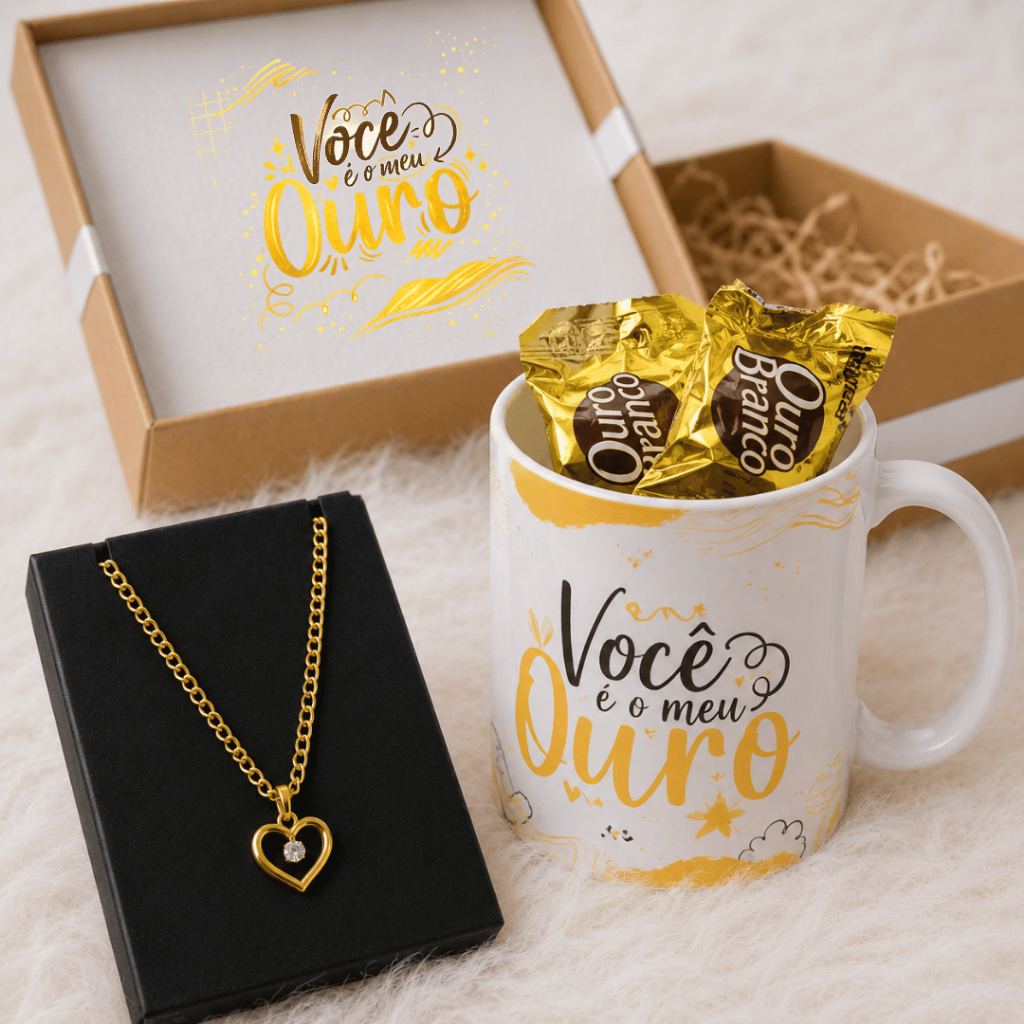 Kit Presente Personalizado Você é Meu Ouro – Caneca + Colar Semijoia + Chocolates