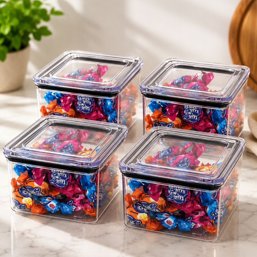 Kit 4 Potes Herméticos Quadrados Mantimentos Organizador Cozinha Acrílico 480 ml