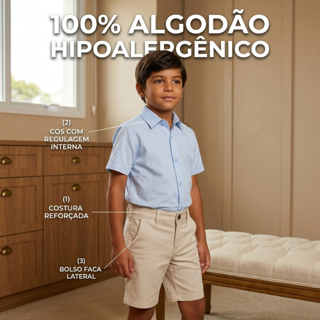 Bermuda Social Menino Bege Sarja Pajem Festa Casamento Batizado Infantil 100% Algodão Bolso Faca