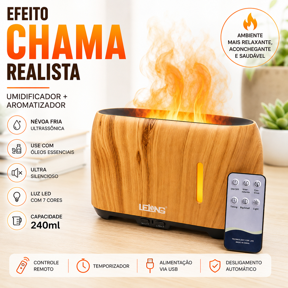 Umidificador De Ar e Aromatizador Simulador De Chamas Ultrassonico 240ml com controle