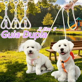 Guia Dupla Coleira 1.4m Pets Cachorro Cães Gatos 2 Cordas Antienrolamento Gradiente Resis…
