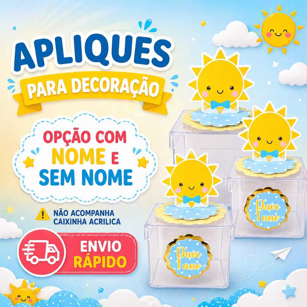 Apliques em pé 3D e nome da criança Raio de Sol Azul  Lembrancinhas Festa infantil Aniversário Personalizados