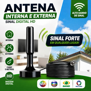 Antena Digital TV Interna Externa 4K Full HD UHF HDTV Longo Alcance Amplificada Cabo 1,8m