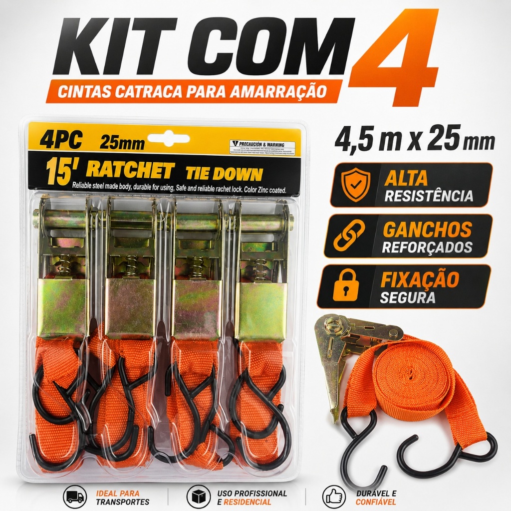 Kit de 4 Cinta Amarração Carga Com Catraca 4,5 metros Suporta 480kg