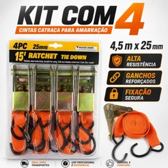 Kit de 4 Cinta Amarração Carga Com Catraca 4,5 metros Suporta 480kg