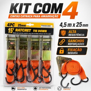 Kit de 4 Cinta Amarração Carga Com Catraca 4,5 metros Suporta 480kg